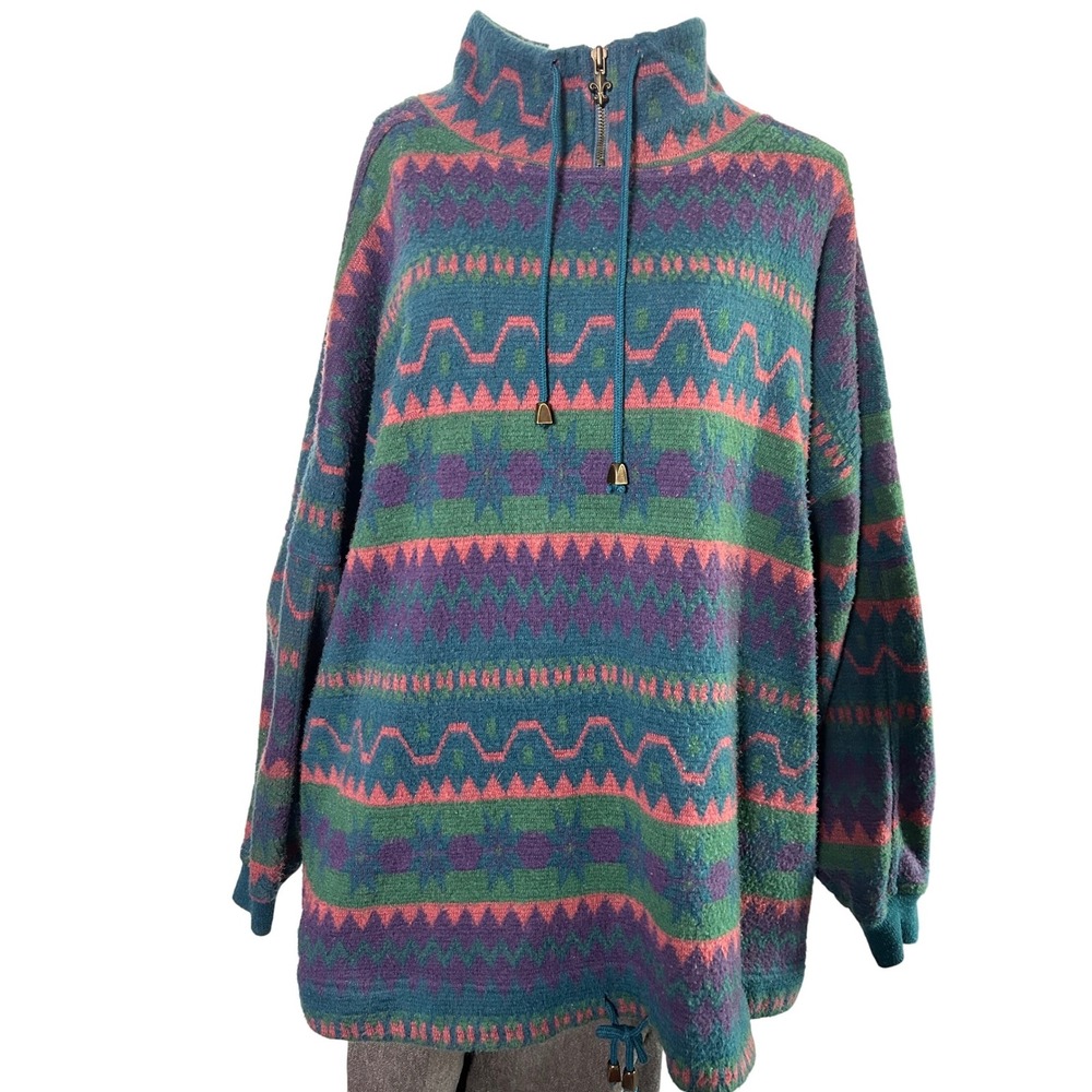 Venezia Vintage 90s Southwestern Aztec Fleece Quarter Zip Pullover Blue‎ Pink L